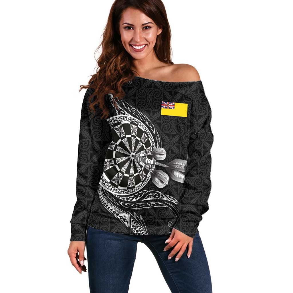 Personalised Niue Darts Masters Off Shoulder Sweater Tribal Hiapo Dartboard - Polynesian Pride