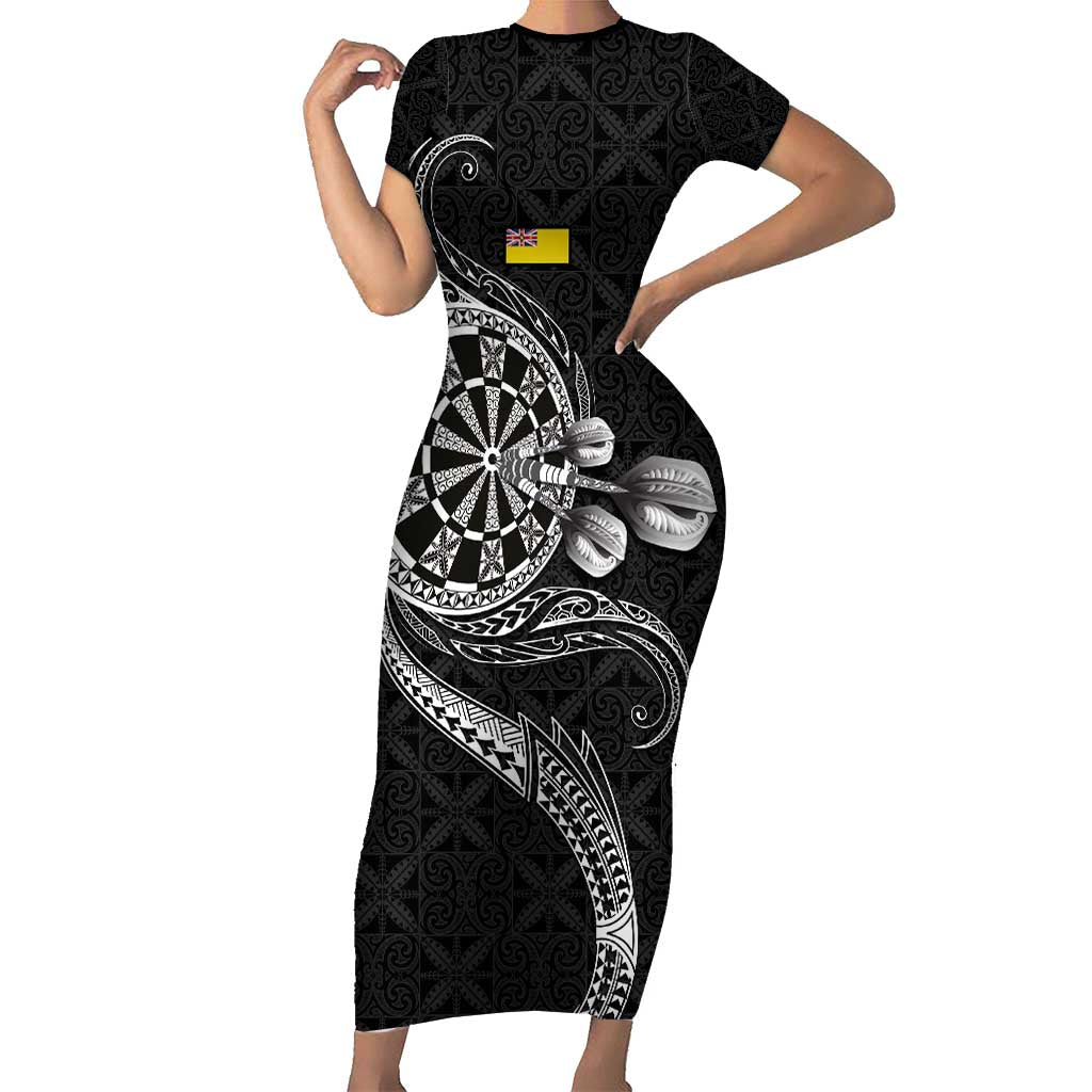 Personalised Niue Darts Masters Short Sleeve Bodycon Dress Tribal Hiapo Dartboard - Polynesian Pride