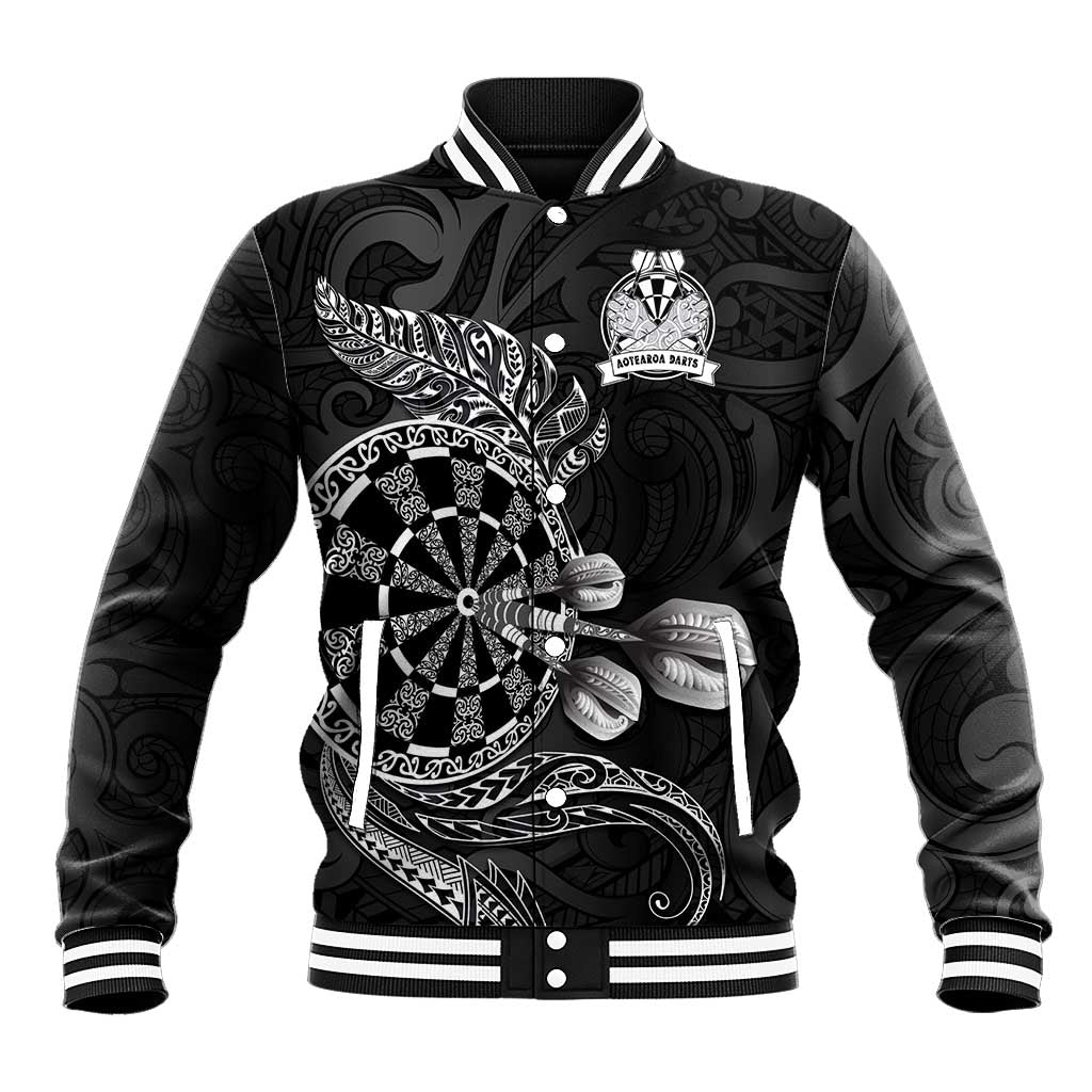 Personalised New Zealand Aotearoa Darts Masters Baseball Jacket Tribal Silver Fern and Ta Moko Dartboard LT03 Unisex Black - Polynesian Pride