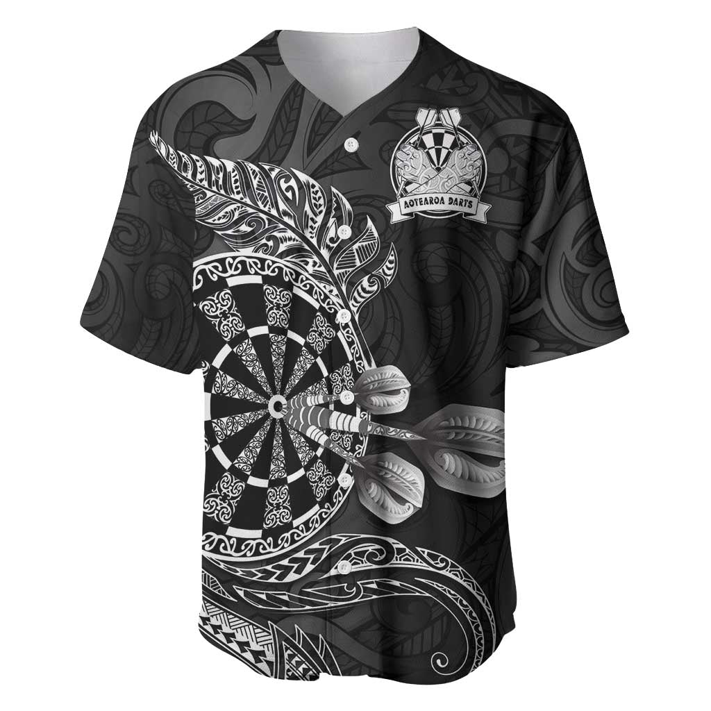Personalised New Zealand Aotearoa Darts Masters Baseball Jersey Tribal Silver Fern and Ta Moko Dartboard LT03 Black - Polynesian Pride