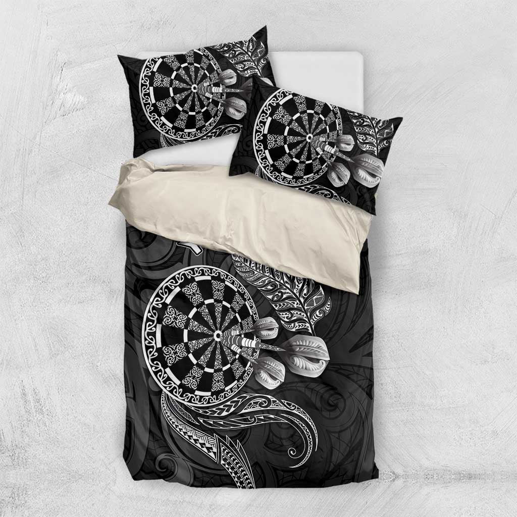 Personalised New Zealand Aotearoa Darts Masters Bedding Set Tribal Silver Fern and Ta Moko Dartboard LT03 US Twin 172cm x 218cm Black - Polynesian Pride