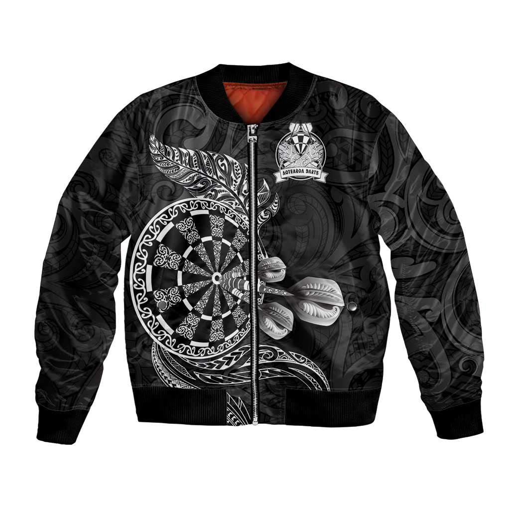 Personalised New Zealand Aotearoa Darts Masters Bomber Jacket Tribal Silver Fern and Ta Moko Dartboard LT03 Unisex Black - Polynesian Pride