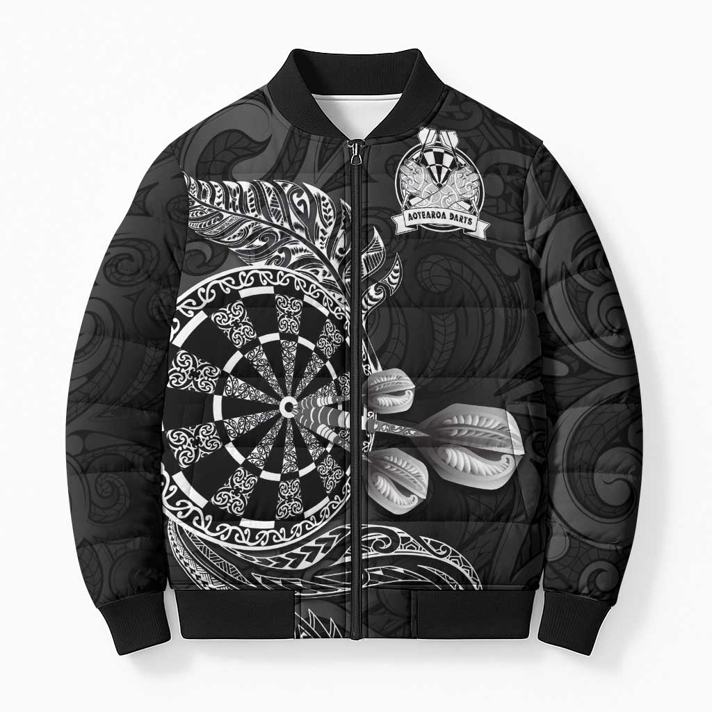 Personalised New Zealand Aotearoa Darts Masters Bomber Puffer Jacket Tribal Silver Fern and Ta Moko Dartboard LT03 Unisex Black - Polynesian Pride