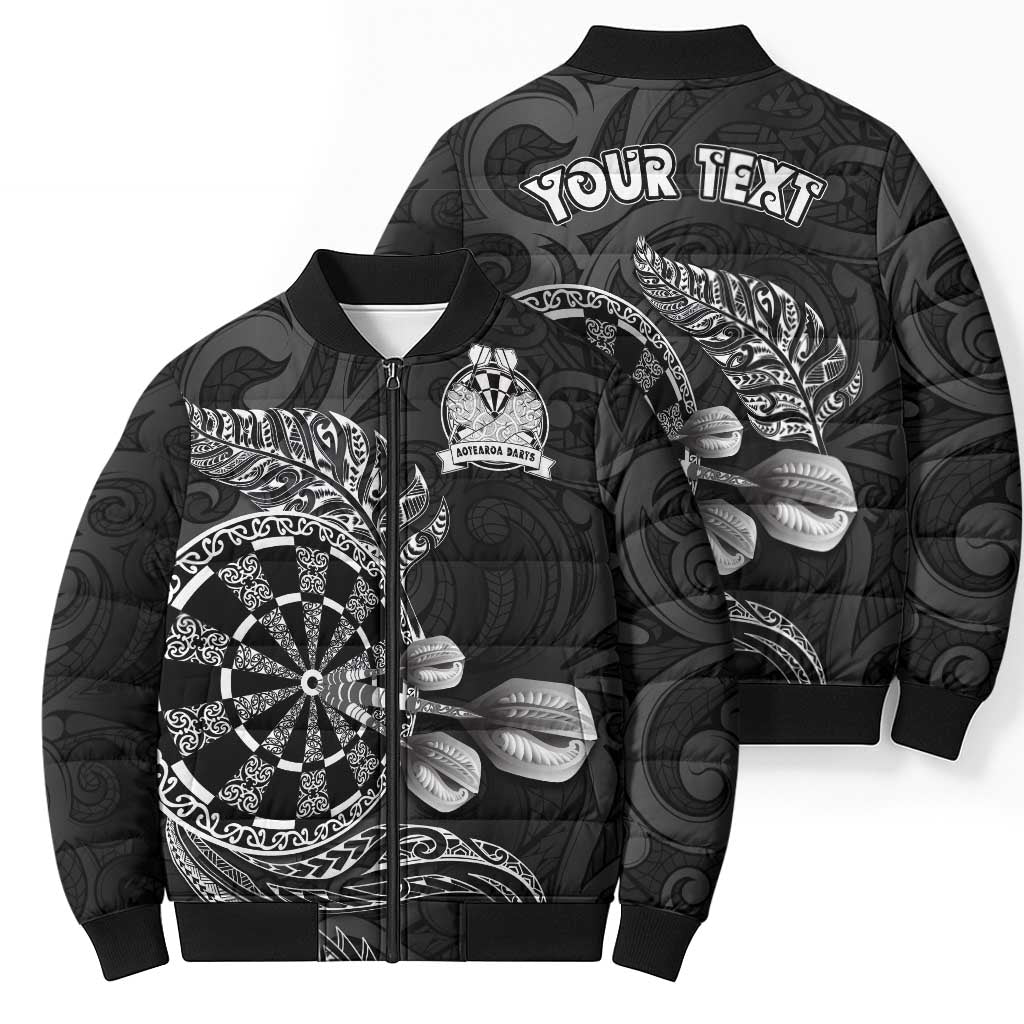 Personalised New Zealand Aotearoa Darts Masters Bomber Puffer Jacket Tribal Silver Fern and Ta Moko Dartboard LT03 - Polynesian Pride