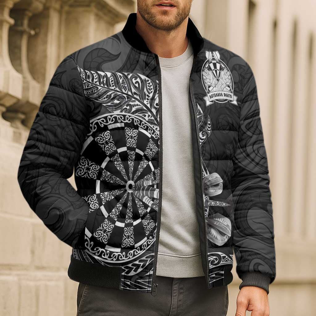 Personalised New Zealand Aotearoa Darts Masters Bomber Puffer Jacket Tribal Silver Fern and Ta Moko Dartboard LT03 - Polynesian Pride