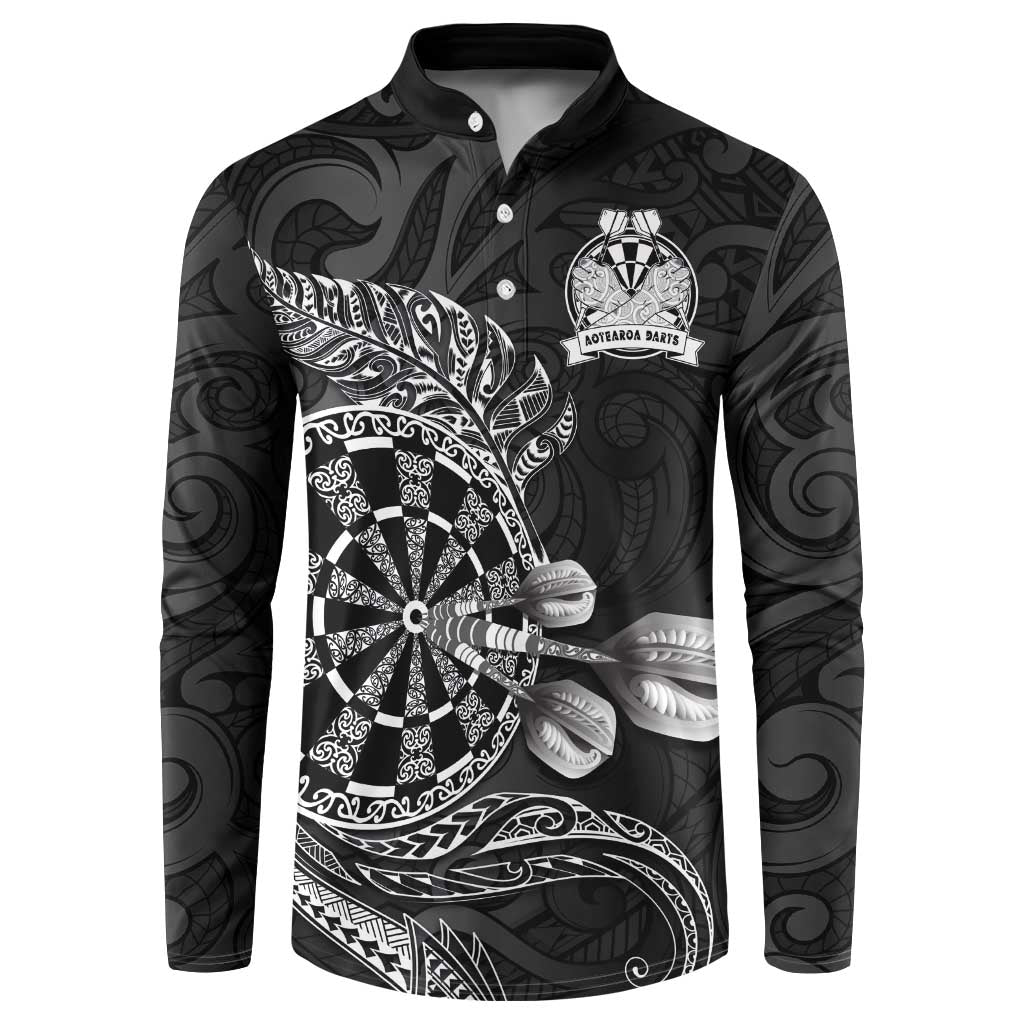 Personalised New Zealand Aotearoa Darts Masters Button Sweatshirt Tribal Silver Fern and Ta Moko Dartboard LT03 Black - Polynesian Pride