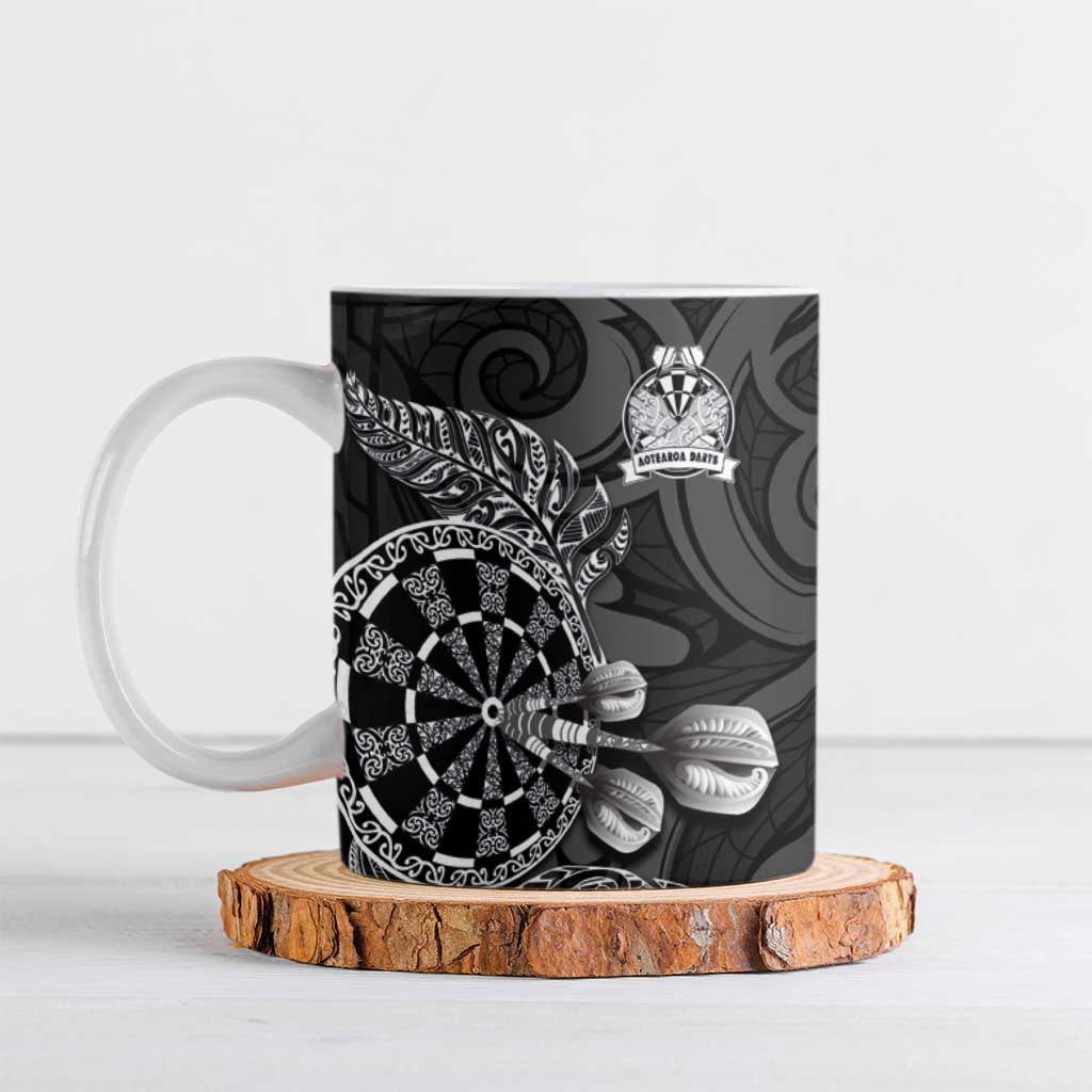 Personalised New Zealand Aotearoa Darts Masters Ceramic Mug Tribal Silver Fern and Ta Moko Dartboard LT03 Black - Polynesian Pride