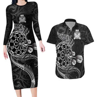 Personalised New Zealand Aotearoa Darts Masters Couples Matching Long Sleeve Bodycon Dress and Hawaiian Shirt Tribal Silver Fern and Ta Moko Dartboard LT03 Black - Polynesian Pride