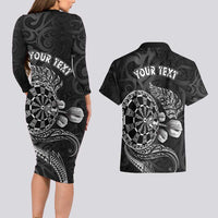 Personalised New Zealand Aotearoa Darts Masters Couples Matching Long Sleeve Bodycon Dress and Hawaiian Shirt Tribal Silver Fern and Ta Moko Dartboard LT03 - Polynesian Pride
