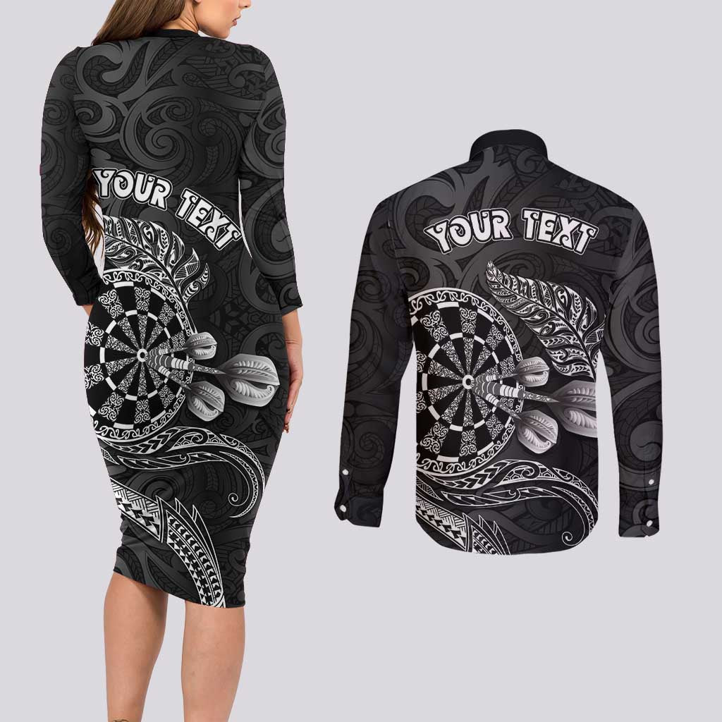 Personalised New Zealand Aotearoa Darts Masters Couples Matching Long Sleeve Bodycon Dress and Long Sleeve Button Shirt Tribal Silver Fern and Ta Moko Dartboard LT03 - Polynesian Pride