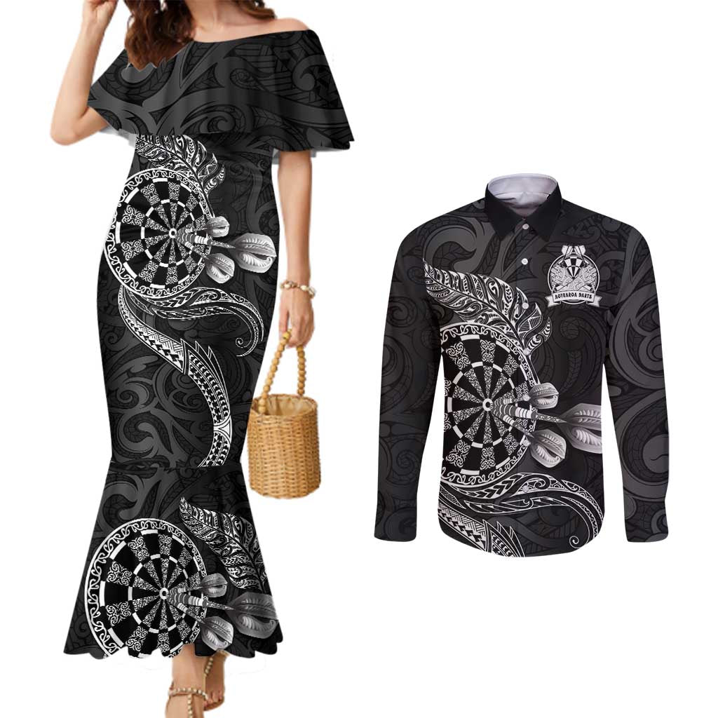 Personalised New Zealand Aotearoa Darts Masters Couples Matching Mermaid Dress and Long Sleeve Button Shirt Tribal Silver Fern and Ta Moko Dartboard - Polynesian Pride