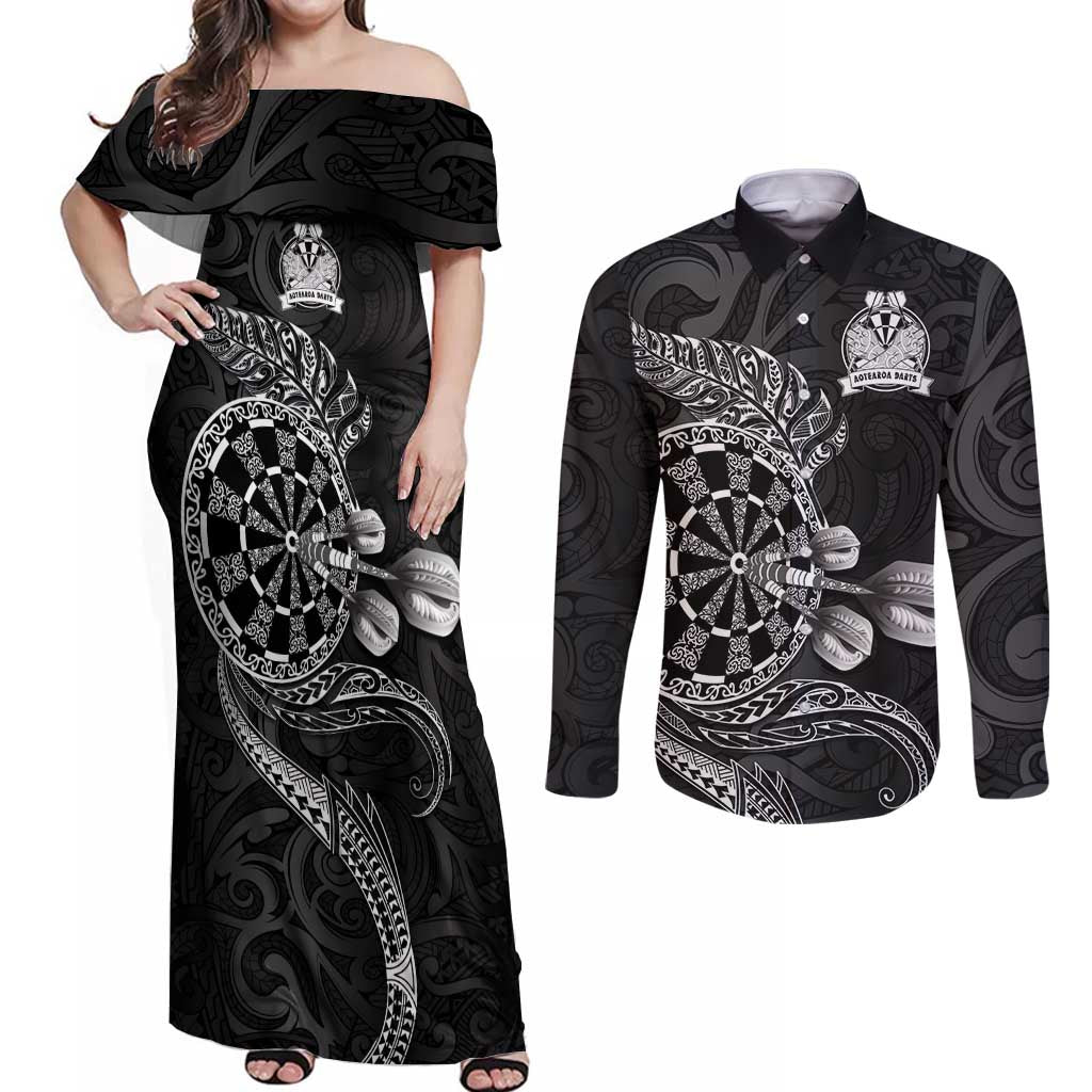 Personalised New Zealand Aotearoa Darts Masters Couples Matching Off Shoulder Maxi Dress and Long Sleeve Button Shirt Tribal Silver Fern and Ta Moko Dartboard LT03 Black - Polynesian Pride