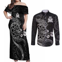 Personalised New Zealand Aotearoa Darts Masters Couples Matching Off Shoulder Maxi Dress and Long Sleeve Button Shirt Tribal Silver Fern and Ta Moko Dartboard LT03 Black - Polynesian Pride