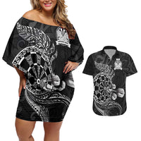 Personalised New Zealand Aotearoa Darts Masters Couples Matching Off Shoulder Short Dress and Hawaiian Shirt Tribal Silver Fern and Ta Moko Dartboard LT03 Black - Polynesian Pride