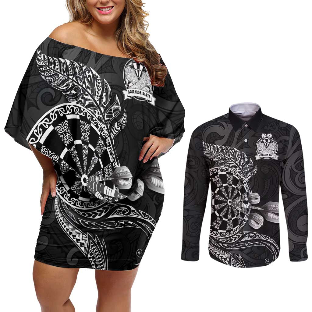 Personalised New Zealand Aotearoa Darts Masters Couples Matching Off Shoulder Short Dress and Long Sleeve Button Shirt Tribal Silver Fern and Ta Moko Dartboard LT03 Black - Polynesian Pride