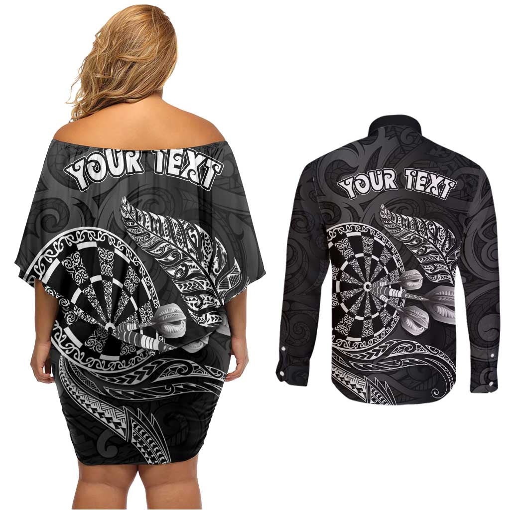 Personalised New Zealand Aotearoa Darts Masters Couples Matching Off Shoulder Short Dress and Long Sleeve Button Shirt Tribal Silver Fern and Ta Moko Dartboard LT03 - Polynesian Pride