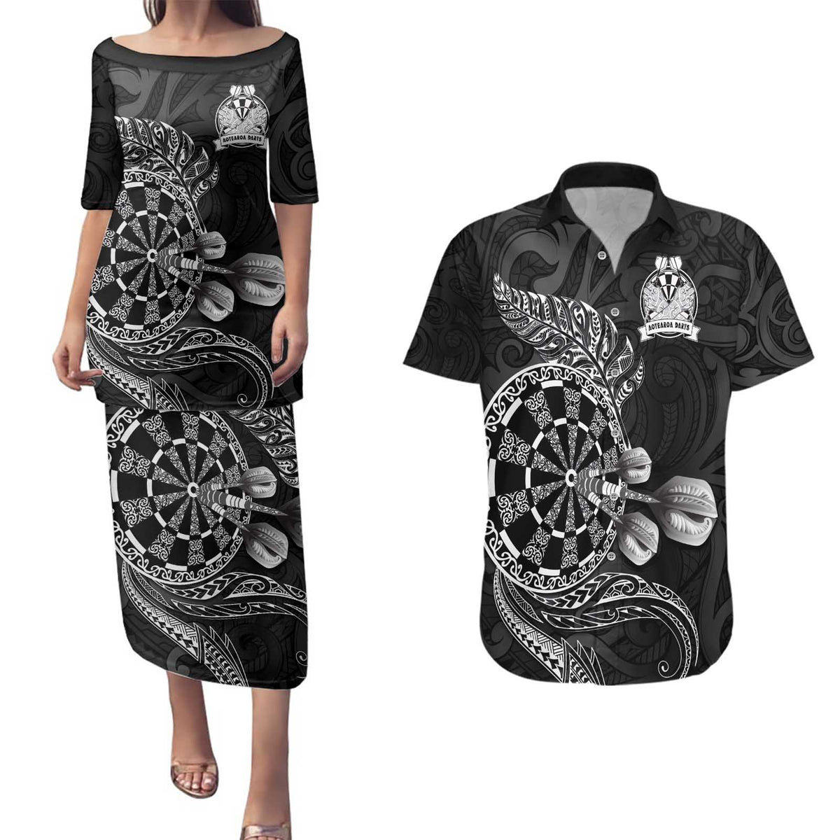Personalised New Zealand Aotearoa Darts Masters Couples Matching Puletasi and Hawaiian Shirt Tribal Silver Fern and Ta Moko Dartboard LT03 Black - Polynesian Pride