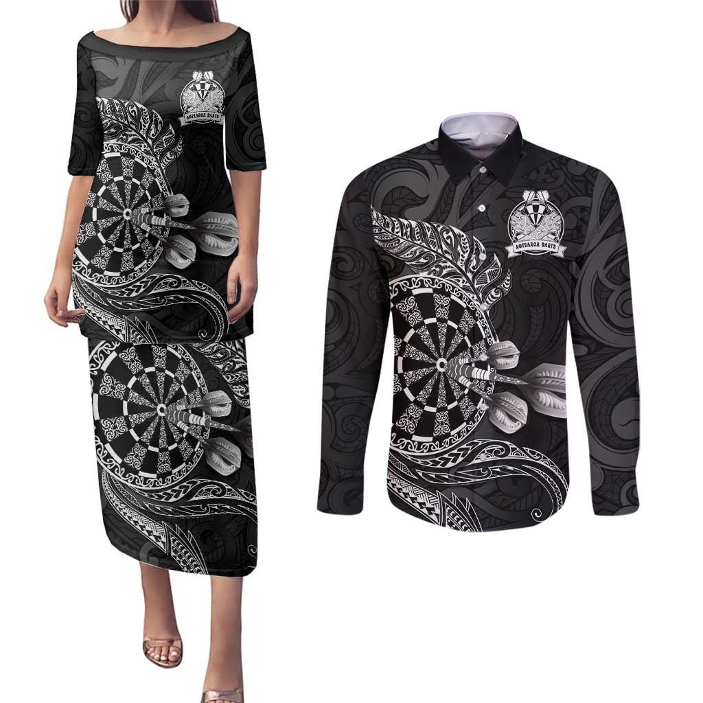 Personalised New Zealand Aotearoa Darts Masters Couples Matching Puletasi and Long Sleeve Button Shirt Tribal Silver Fern and Ta Moko Dartboard - Polynesian Pride