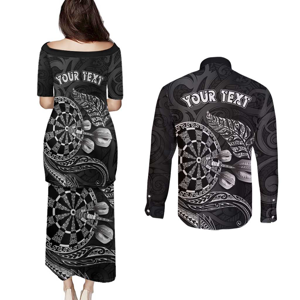 Personalised New Zealand Aotearoa Darts Masters Couples Matching Puletasi and Long Sleeve Button Shirt Tribal Silver Fern and Ta Moko Dartboard LT03 - Polynesian Pride