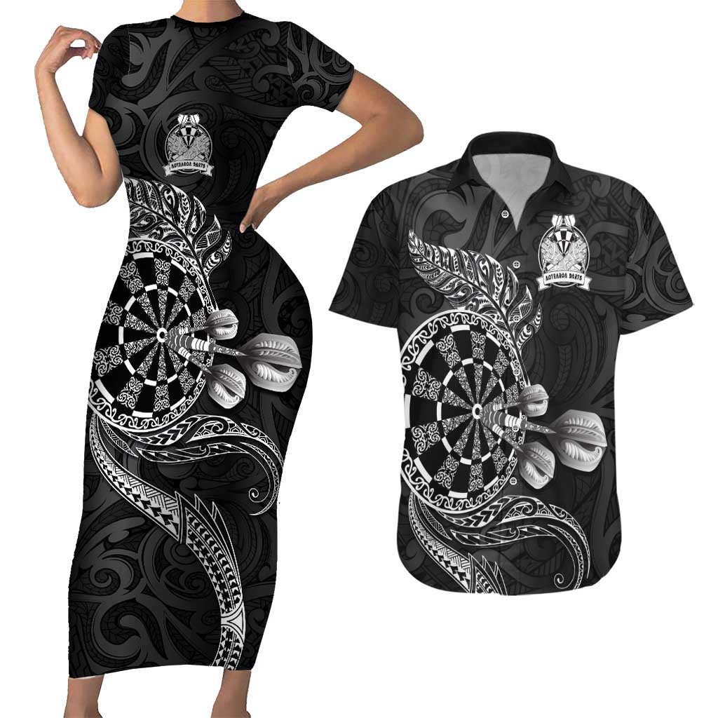 Personalised New Zealand Aotearoa Darts Masters Couples Matching Short Sleeve Bodycon Dress and Hawaiian Shirt Tribal Silver Fern and Ta Moko Dartboard LT03 Black - Polynesian Pride