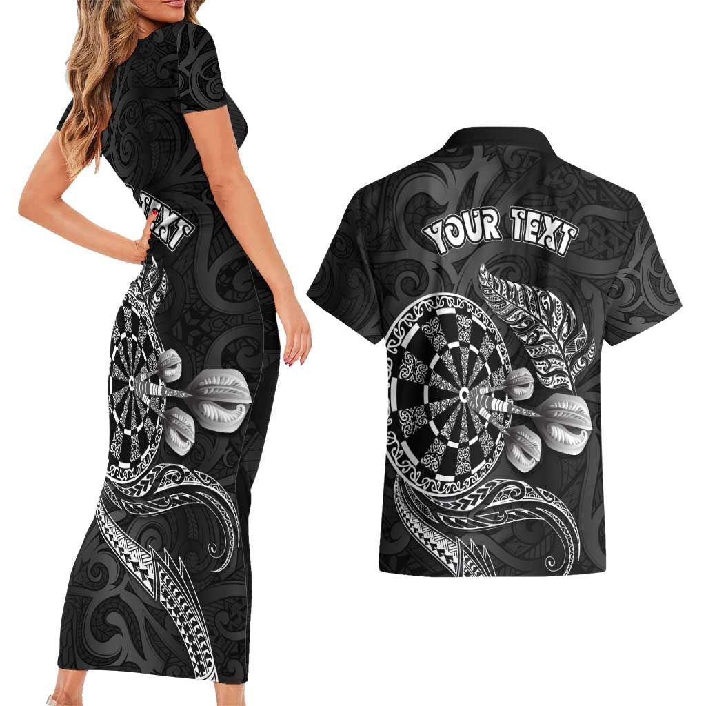 Personalised New Zealand Aotearoa Darts Masters Couples Matching Short Sleeve Bodycon Dress and Hawaiian Shirt Tribal Silver Fern and Ta Moko Dartboard LT03 - Polynesian Pride
