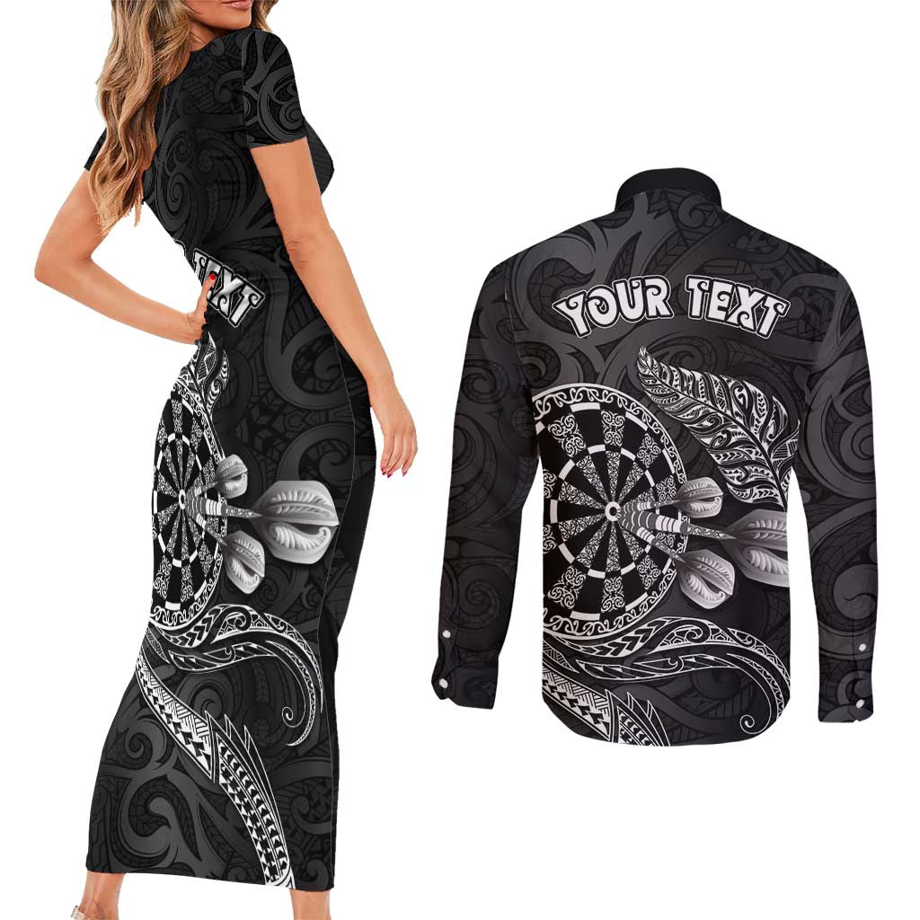 Personalised New Zealand Aotearoa Darts Masters Couples Matching Short Sleeve Bodycon Dress and Long Sleeve Button Shirt Tribal Silver Fern and Ta Moko Dartboard LT03 - Polynesian Pride