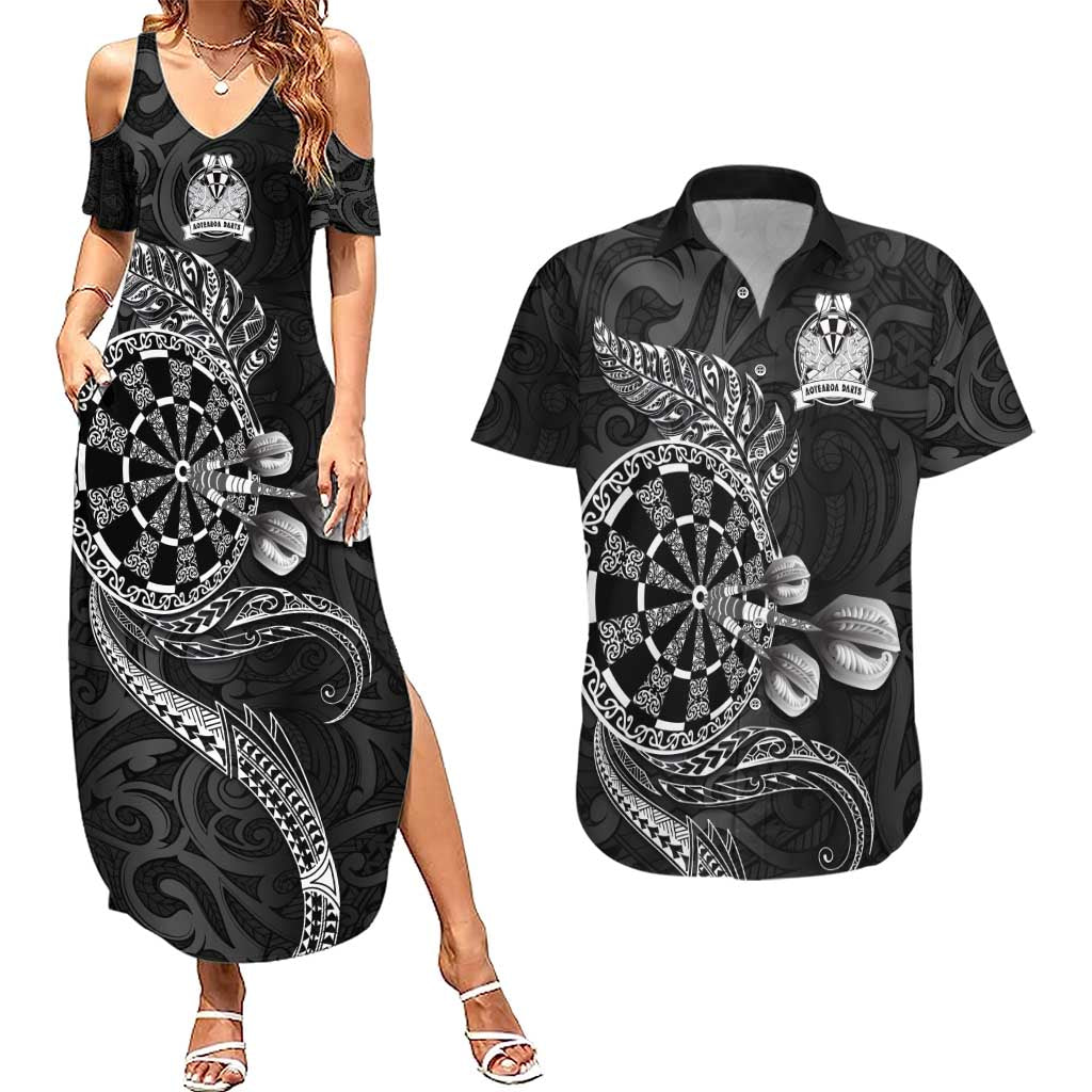 Personalised New Zealand Aotearoa Darts Masters Couples Matching Summer Maxi Dress and Hawaiian Shirt Tribal Silver Fern and Ta Moko Dartboard LT03 Black - Polynesian Pride