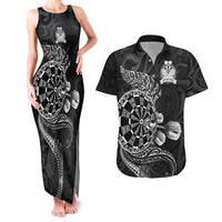 Personalised New Zealand Aotearoa Darts Masters Couples Matching Tank Maxi Dress and Hawaiian Shirt Tribal Silver Fern and Ta Moko Dartboard LT03 Black - Polynesian Pride