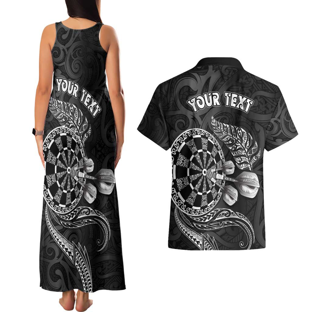 Personalised New Zealand Aotearoa Darts Masters Couples Matching Tank Maxi Dress and Hawaiian Shirt Tribal Silver Fern and Ta Moko Dartboard LT03 - Polynesian Pride