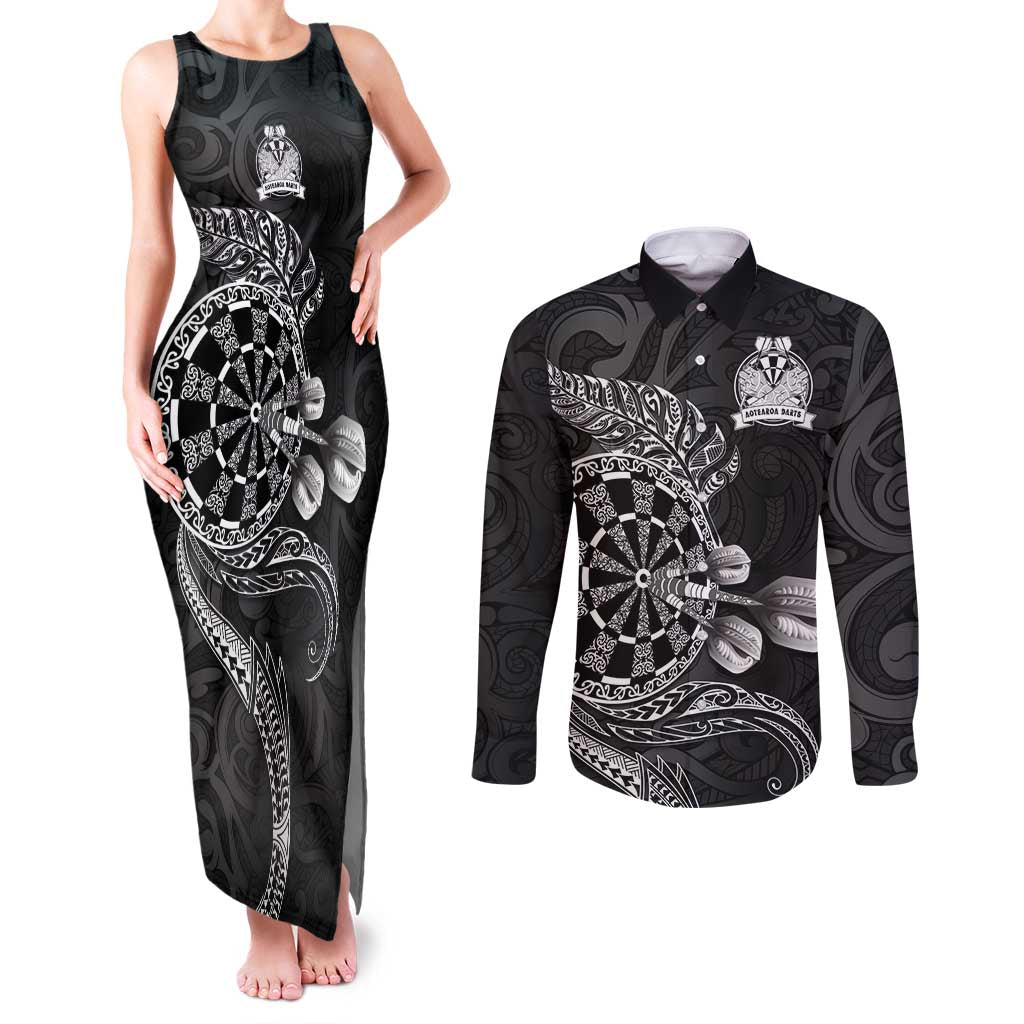 Personalised New Zealand Aotearoa Darts Masters Couples Matching Tank Maxi Dress and Long Sleeve Button Shirt Tribal Silver Fern and Ta Moko Dartboard LT03 Black - Polynesian Pride