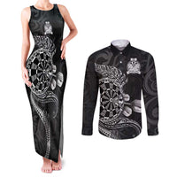 Personalised New Zealand Aotearoa Darts Masters Couples Matching Tank Maxi Dress and Long Sleeve Button Shirt Tribal Silver Fern and Ta Moko Dartboard LT03 Black - Polynesian Pride