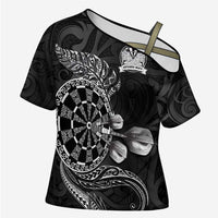 Personalised New Zealand Aotearoa Darts Masters Cross Shoulder Shirt Tribal Silver Fern and Ta Moko Dartboard LT03 Female Black - Polynesian Pride