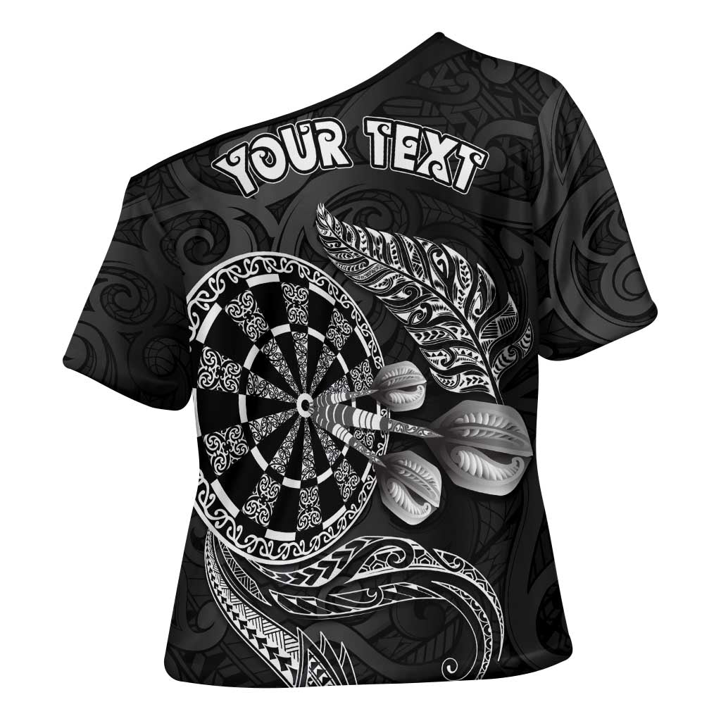 Personalised New Zealand Aotearoa Darts Masters Cross Shoulder Shirt Tribal Silver Fern and Ta Moko Dartboard LT03 - Polynesian Pride