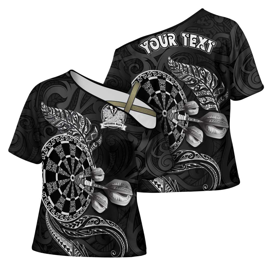 Personalised New Zealand Aotearoa Darts Masters Cross Shoulder Shirt Tribal Silver Fern and Ta Moko Dartboard LT03 - Polynesian Pride