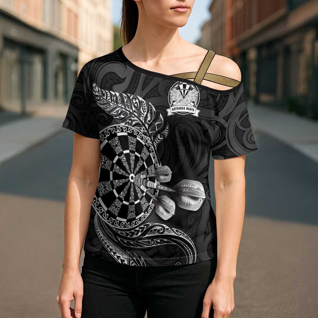 Personalised New Zealand Aotearoa Darts Masters Cross Shoulder Shirt Tribal Silver Fern and Ta Moko Dartboard LT03 - Polynesian Pride