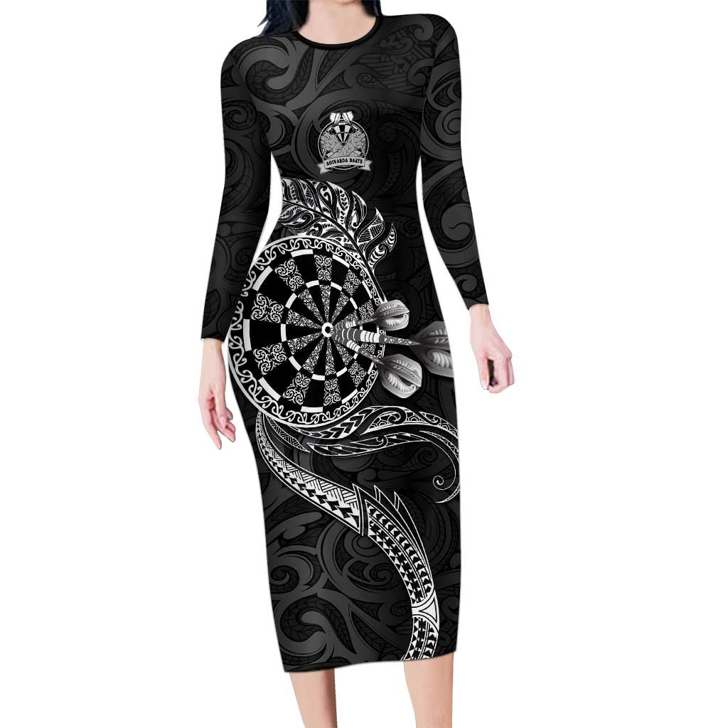 Personalised New Zealand Aotearoa Darts Masters Family Matching Long Sleeve Bodycon Dress and Hawaiian Shirt Tribal Silver Fern and Ta Moko Dartboard LT03 Mom's Dress Black - Polynesian Pride