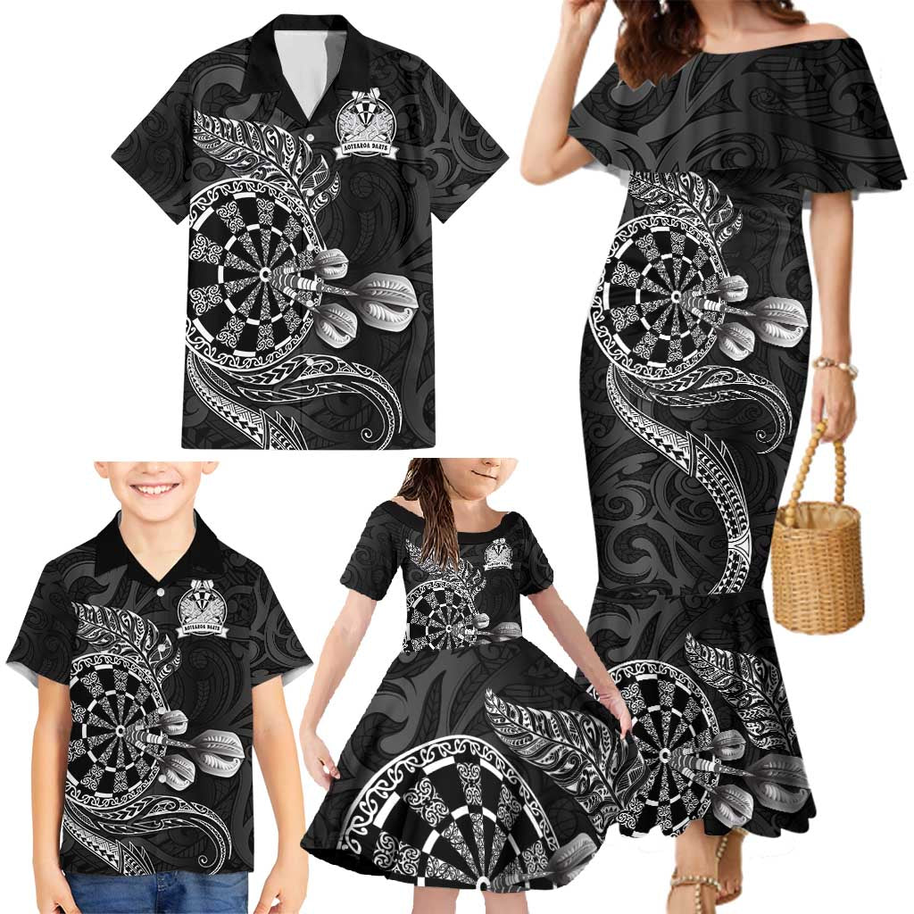 Personalised New Zealand Aotearoa Darts Masters Family Matching Mermaid Dress and Hawaiian Shirt Tribal Silver Fern and Ta Moko Dartboard LT03 - Polynesian Pride