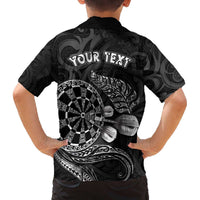 Personalised New Zealand Aotearoa Darts Masters Family Matching Off The Shoulder Long Sleeve Dress and Hawaiian Shirt Tribal Silver Fern and Ta Moko Dartboard LT03 - Polynesian Pride