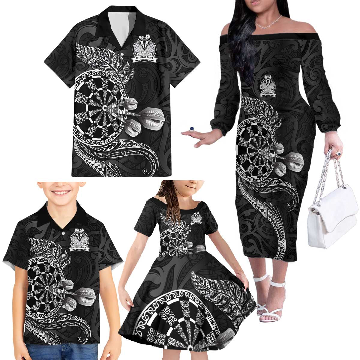 Personalised New Zealand Aotearoa Darts Masters Family Matching Off The Shoulder Long Sleeve Dress and Hawaiian Shirt Tribal Silver Fern and Ta Moko Dartboard LT03 - Polynesian Pride
