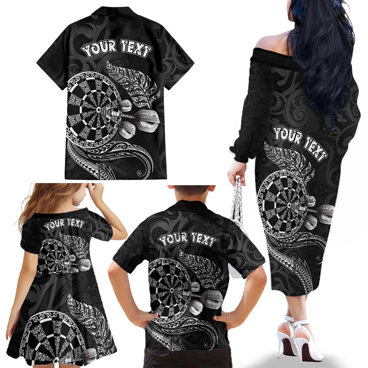 Personalised New Zealand Aotearoa Darts Masters Family Matching Off The Shoulder Long Sleeve Dress and Hawaiian Shirt Tribal Silver Fern and Ta Moko Dartboard LT03 - Polynesian Pride