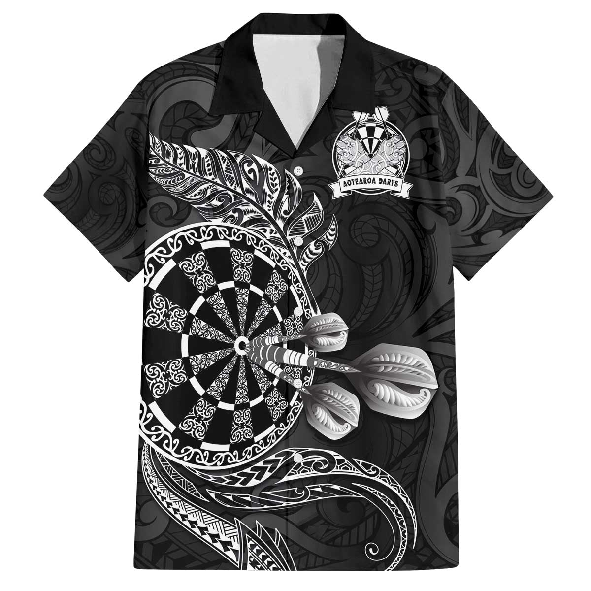 Personalised New Zealand Aotearoa Darts Masters Family Matching Off The Shoulder Long Sleeve Dress and Hawaiian Shirt Tribal Silver Fern and Ta Moko Dartboard LT03 Dad's Shirt - Short Sleeve Black - Polynesian Pride
