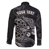 Personalised New Zealand Aotearoa Darts Masters Family Matching Off The Shoulder Long Sleeve Dress and Hawaiian Shirt Tribal Silver Fern and Ta Moko Dartboard LT03 - Polynesian Pride