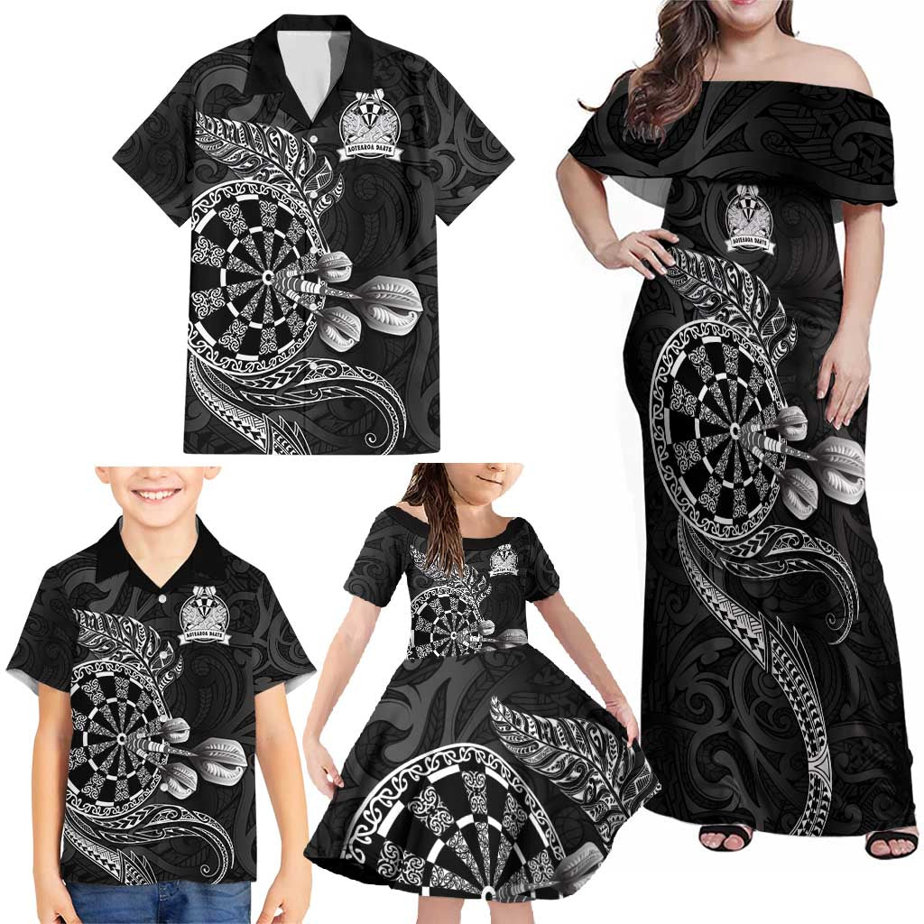 Personalised New Zealand Aotearoa Darts Masters Family Matching Off Shoulder Maxi Dress and Hawaiian Shirt Tribal Silver Fern and Ta Moko Dartboard LT03 - Polynesian Pride
