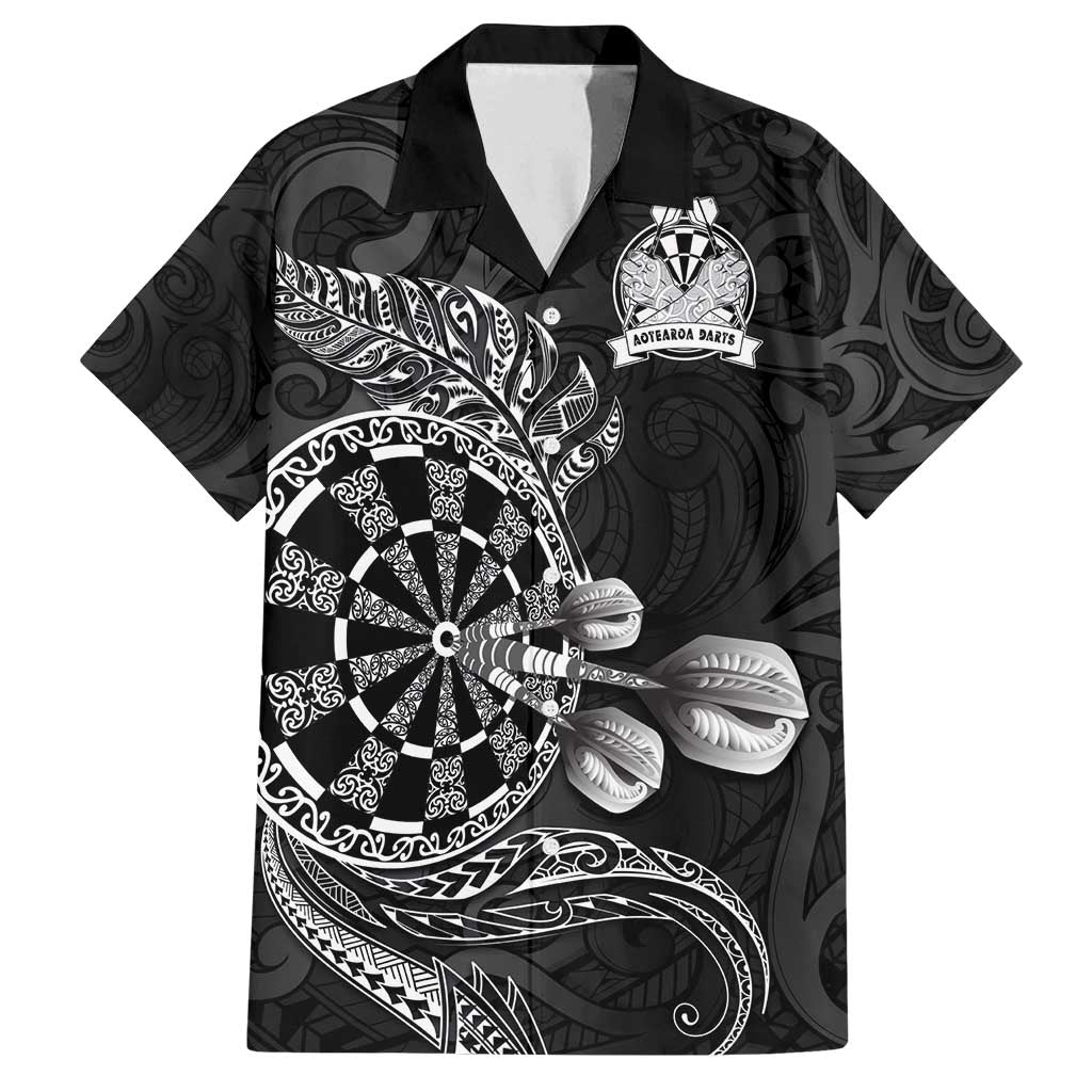 Personalised New Zealand Aotearoa Darts Masters Family Matching Off Shoulder Maxi Dress and Hawaiian Shirt Tribal Silver Fern and Ta Moko Dartboard LT03 Dad's Shirt - Short Sleeve Black - Polynesian Pride