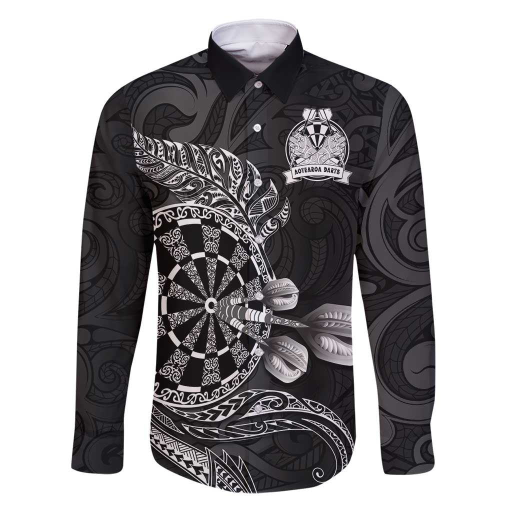 Personalised New Zealand Aotearoa Darts Masters Family Matching Off Shoulder Maxi Dress and Hawaiian Shirt Tribal Silver Fern and Ta Moko Dartboard LT03 Dad's Shirt - Long Sleeve Black - Polynesian Pride