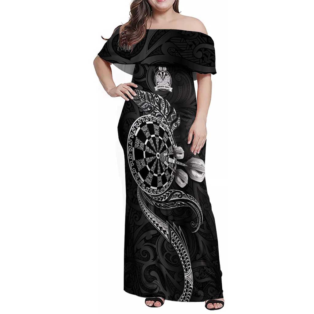 Personalised New Zealand Aotearoa Darts Masters Family Matching Off Shoulder Maxi Dress and Hawaiian Shirt Tribal Silver Fern and Ta Moko Dartboard LT03 Mom's Dress Black - Polynesian Pride