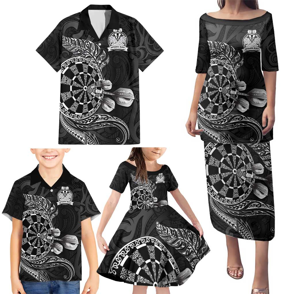 Personalised New Zealand Aotearoa Darts Masters Family Matching Puletasi and Hawaiian Shirt Tribal Silver Fern and Ta Moko Dartboard LT03 - Polynesian Pride
