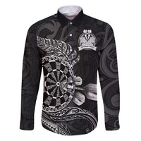 Personalised New Zealand Aotearoa Darts Masters Family Matching Puletasi and Hawaiian Shirt Tribal Silver Fern and Ta Moko Dartboard LT03 Dad's Shirt - Long Sleeve Black - Polynesian Pride