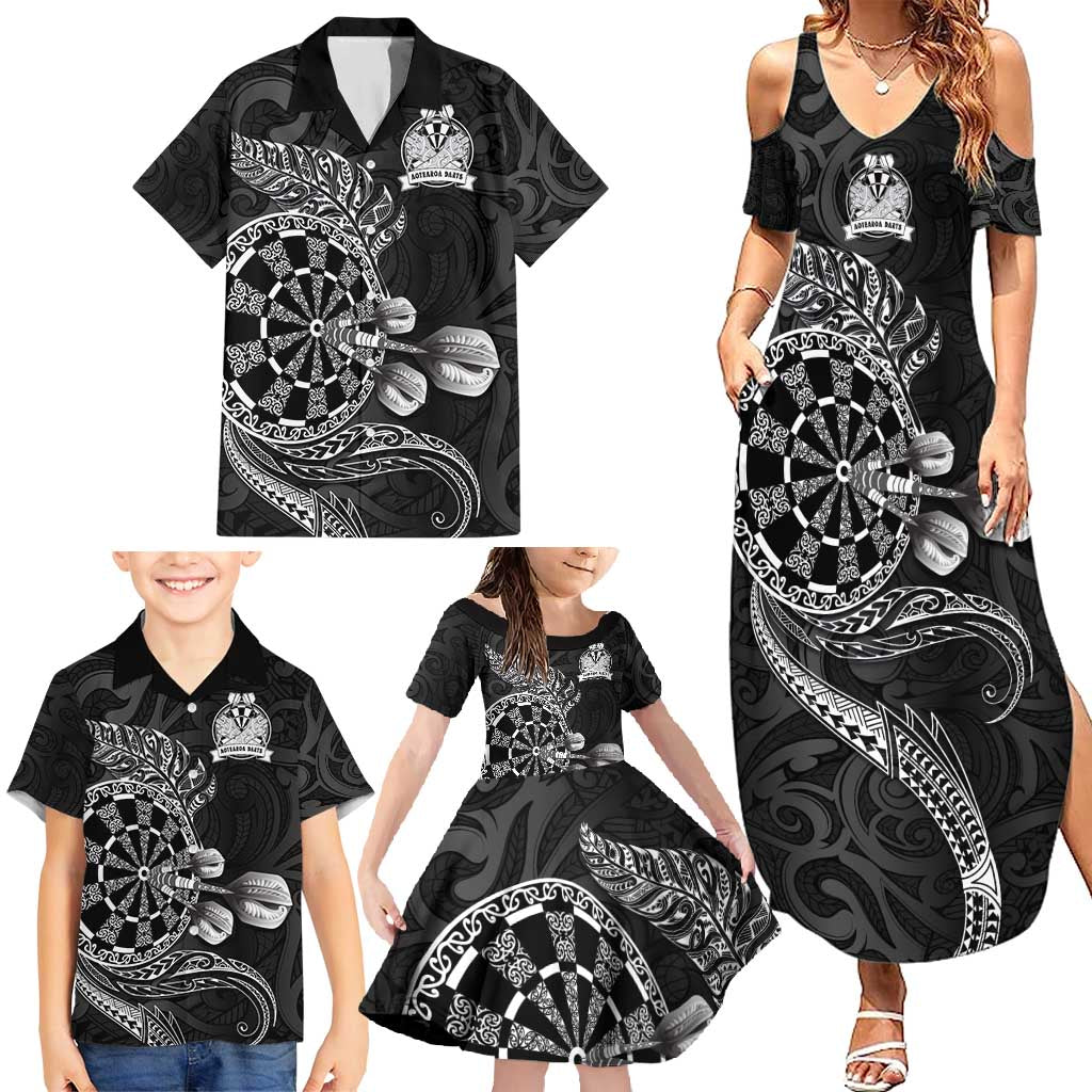 Personalised New Zealand Aotearoa Darts Masters Family Matching Summer Maxi Dress and Hawaiian Shirt Tribal Silver Fern and Ta Moko Dartboard LT03 - Polynesian Pride