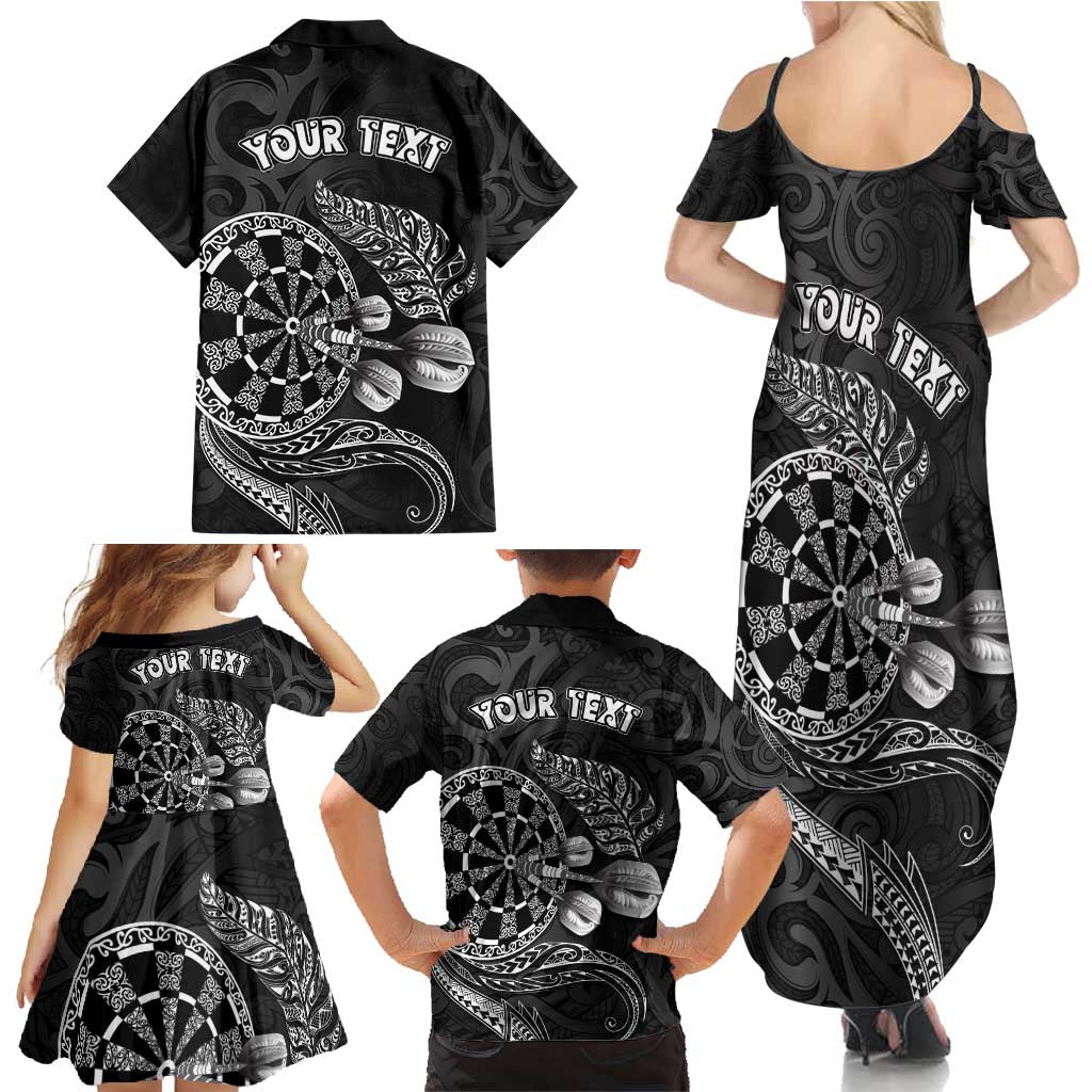 Personalised New Zealand Aotearoa Darts Masters Family Matching Summer Maxi Dress and Hawaiian Shirt Tribal Silver Fern and Ta Moko Dartboard LT03 - Polynesian Pride